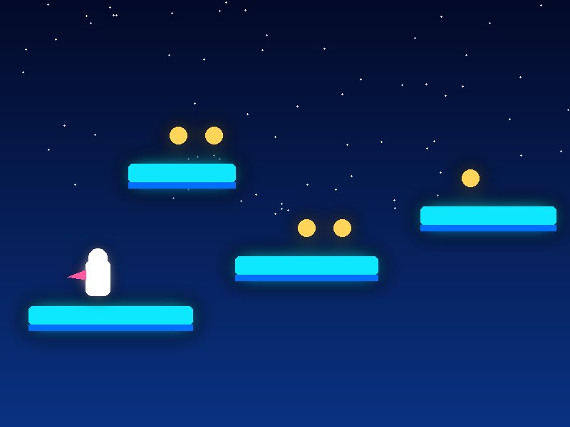 A glowing platformer level with floating platforms and coins